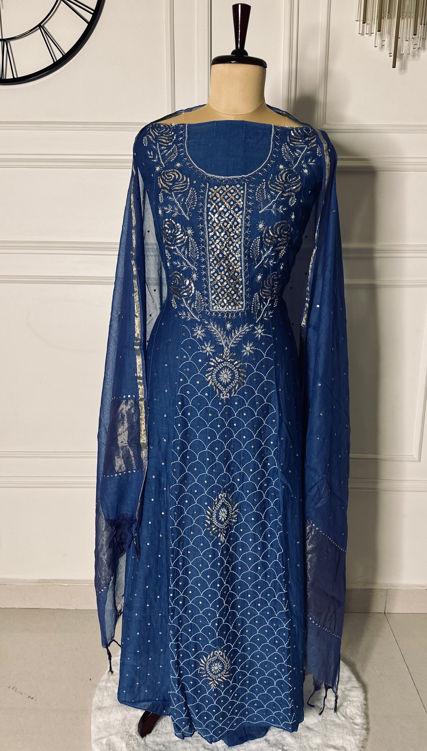 Pure mulmul chanderi panel anarkali with jaal work sleeves