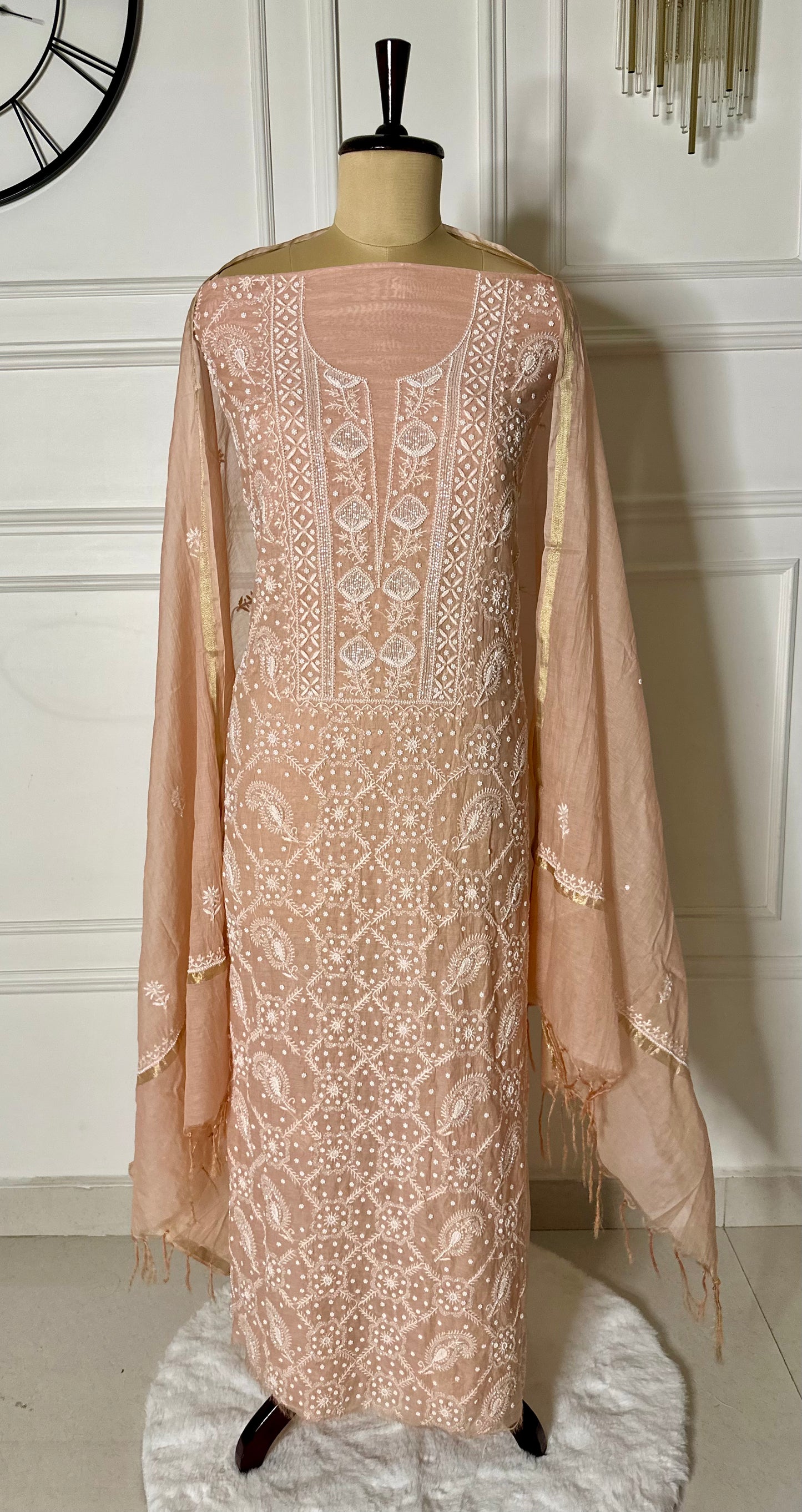 Pure mulmul chanderi full jaal work suit
