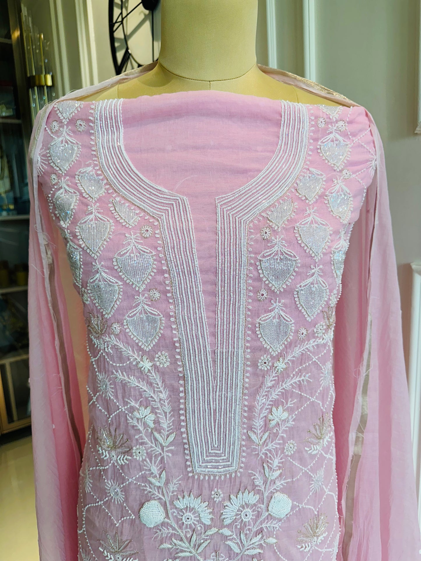 Pure mulmul chanderi jaal work suit and sleeves