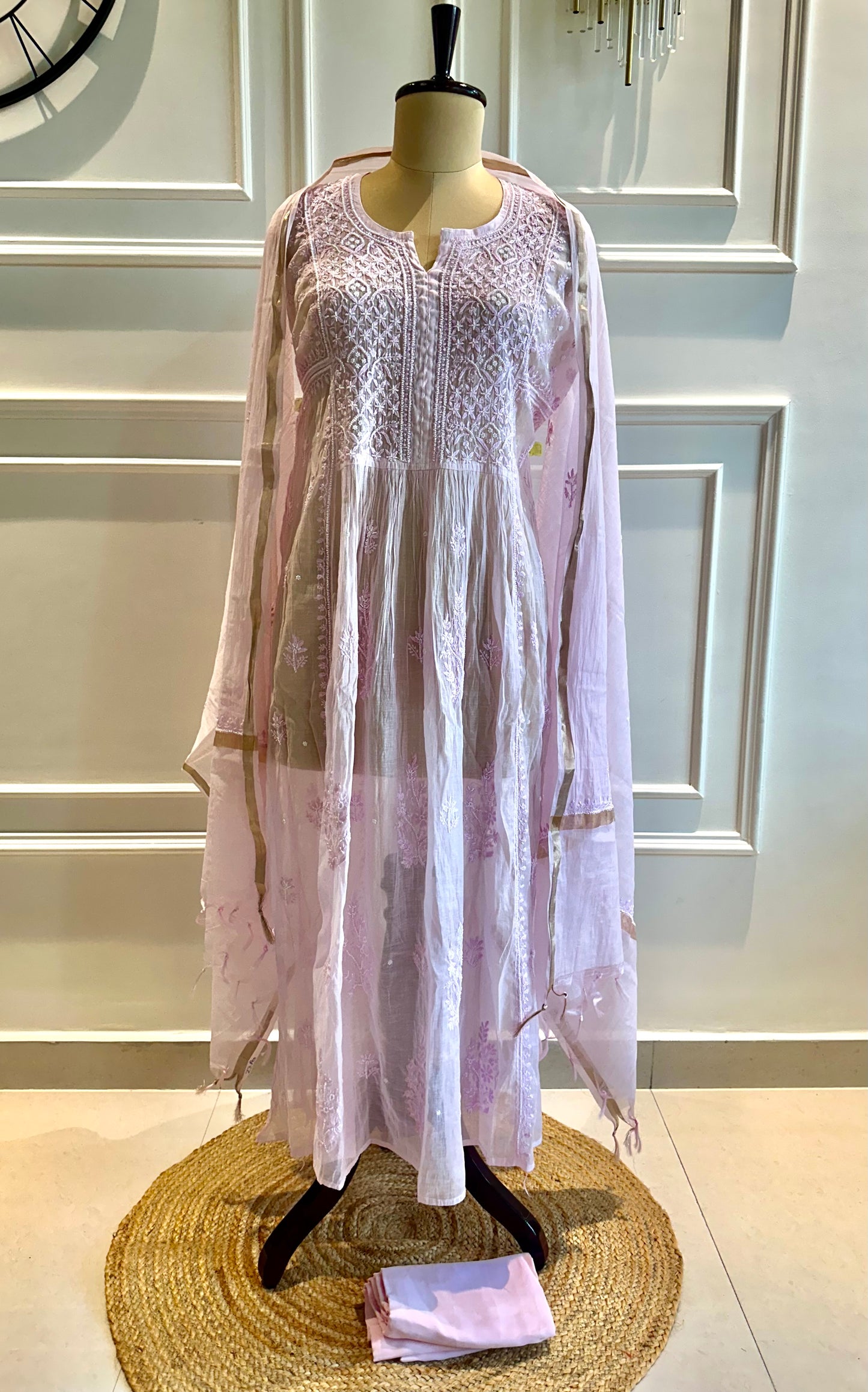 Mul chanderi chikankari pearl and katdana work A-line suit