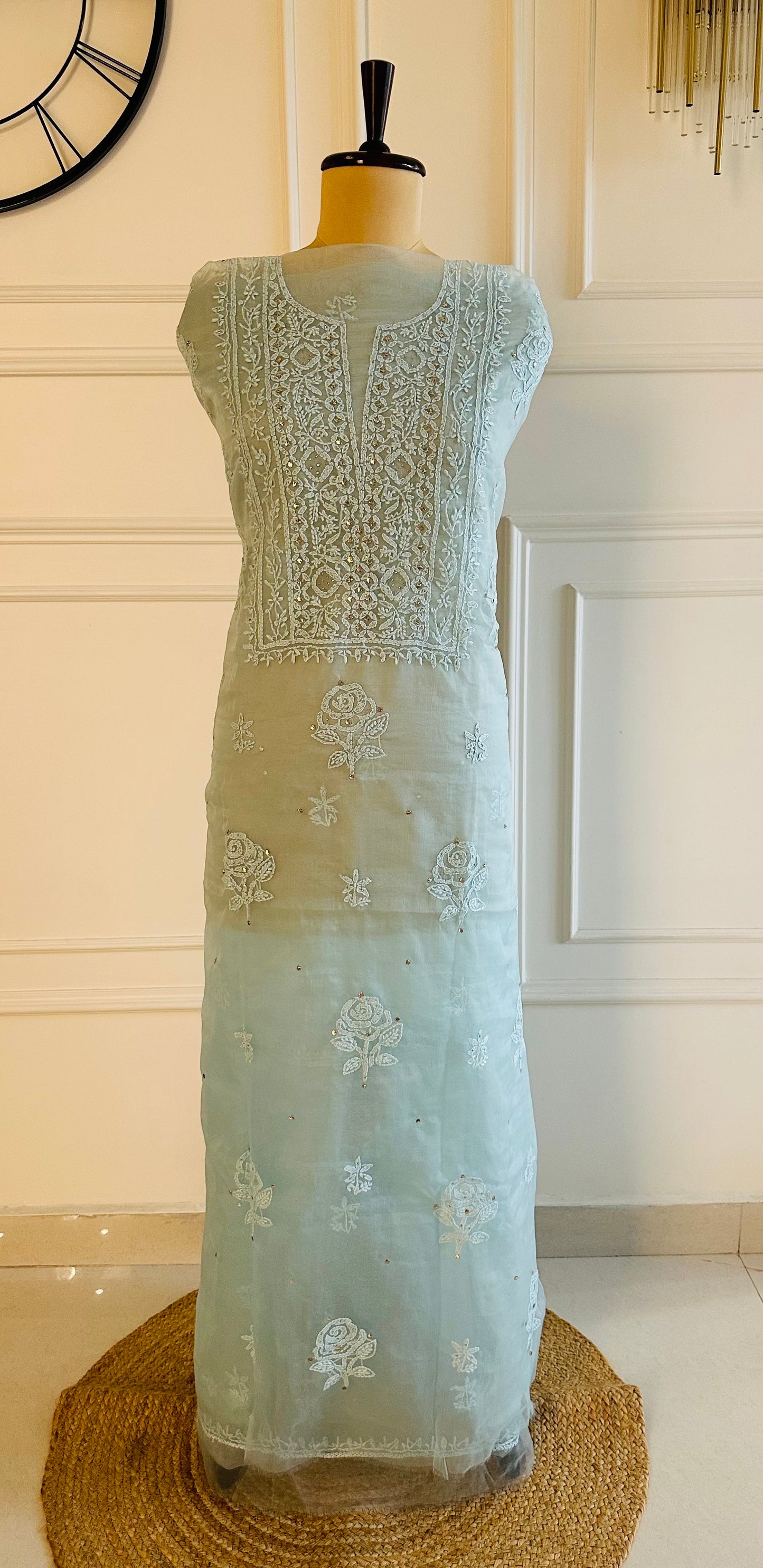 Chikankari mukaish work organza suit