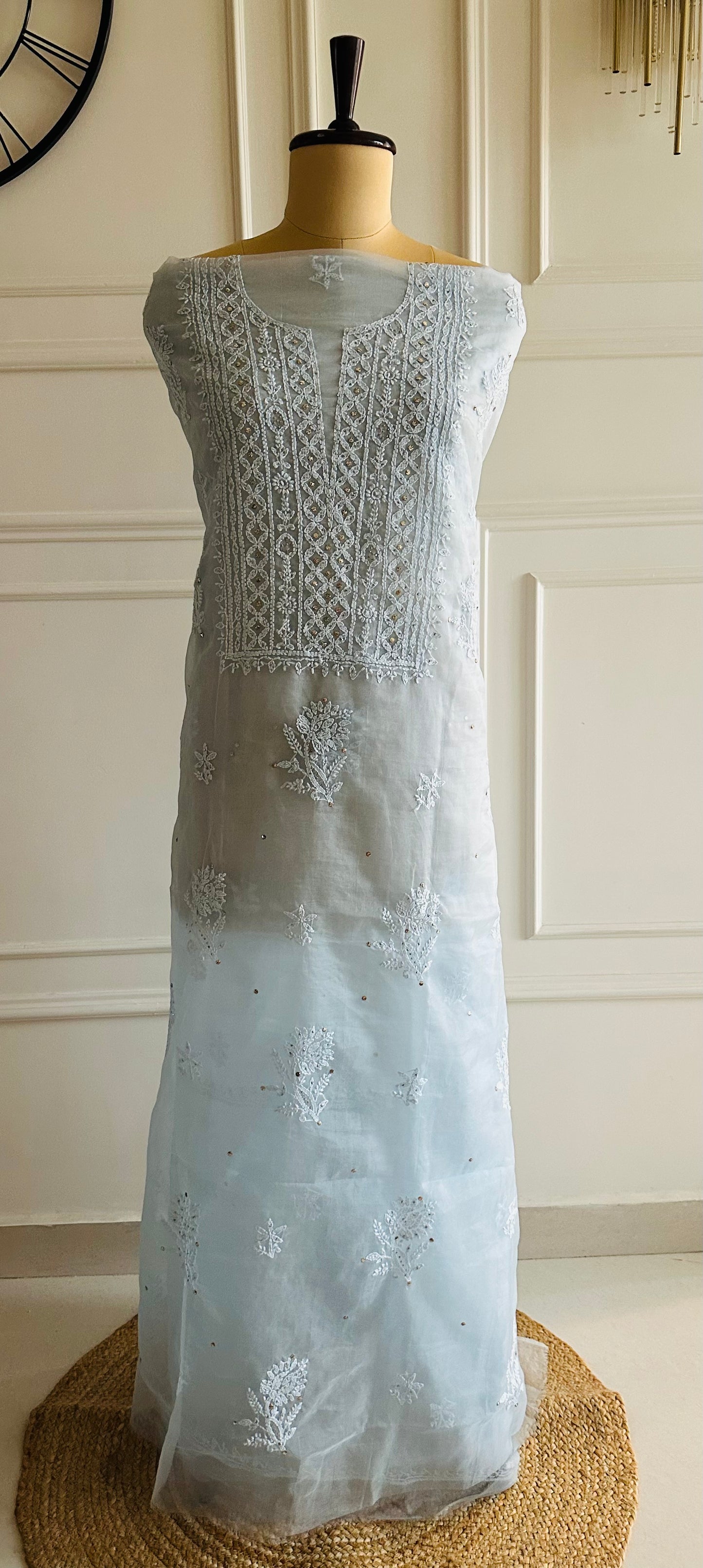 Chikankari mukaish work organza suit