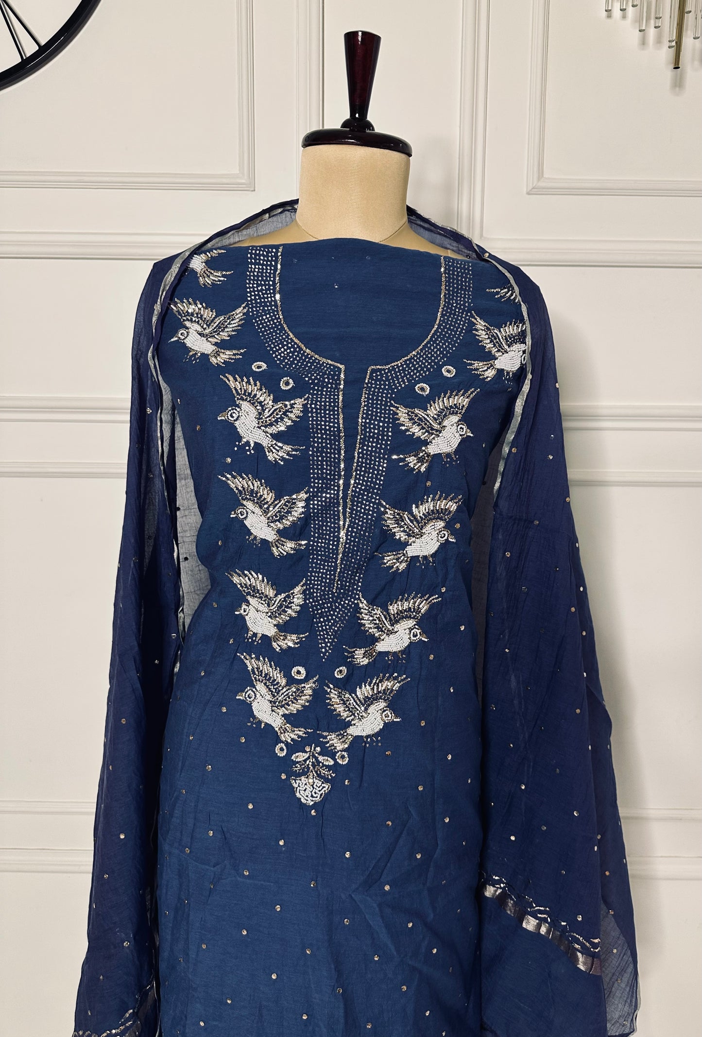 Mul chanderi mukaish and pearl work suit