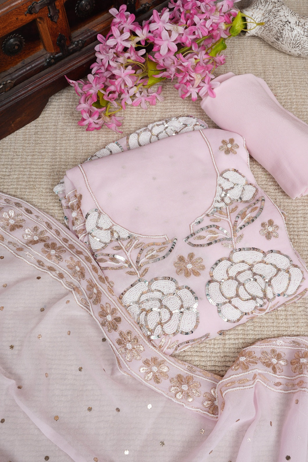Party wear pastel pink pearl work suit