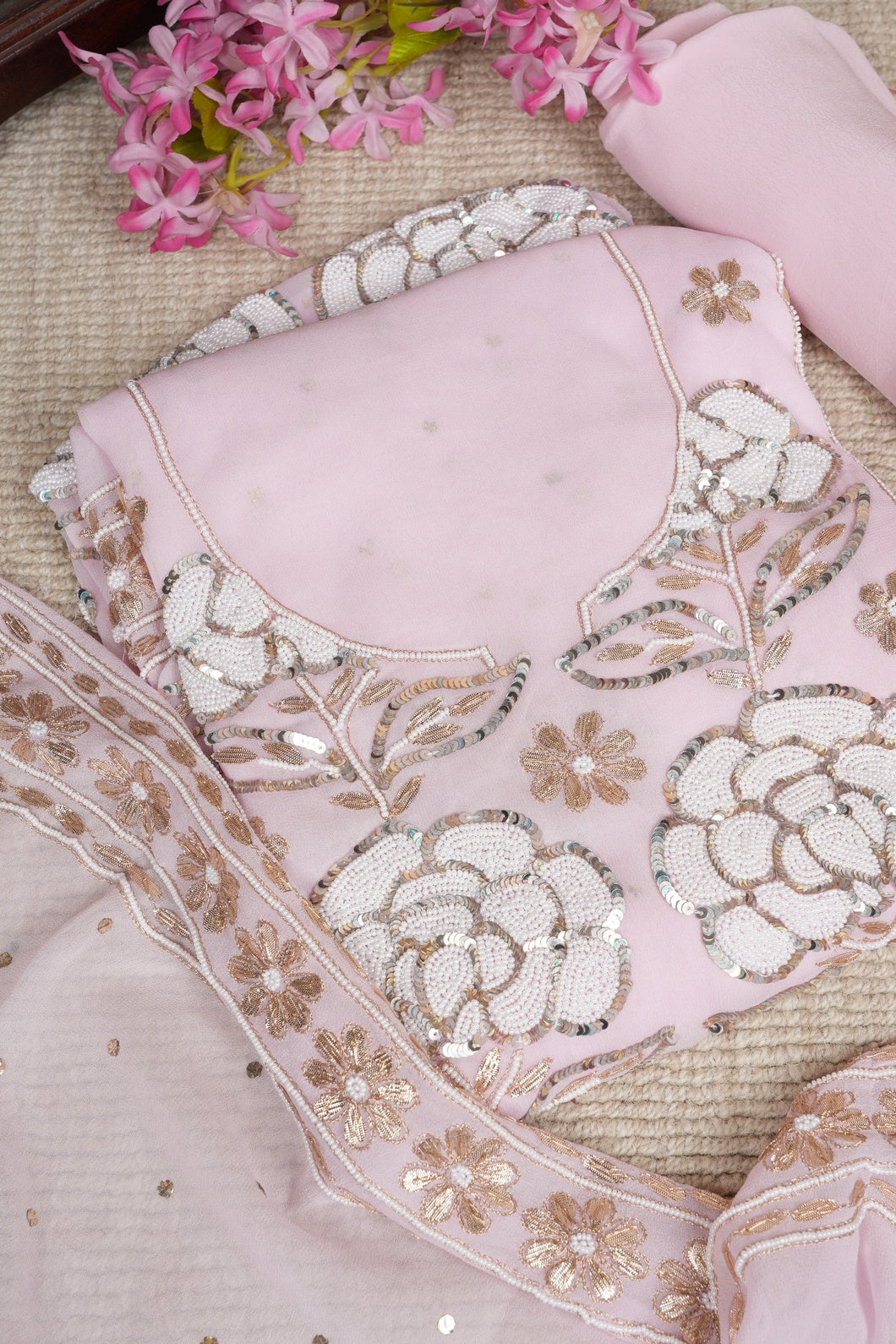 Party wear pastel pink pearl work suit