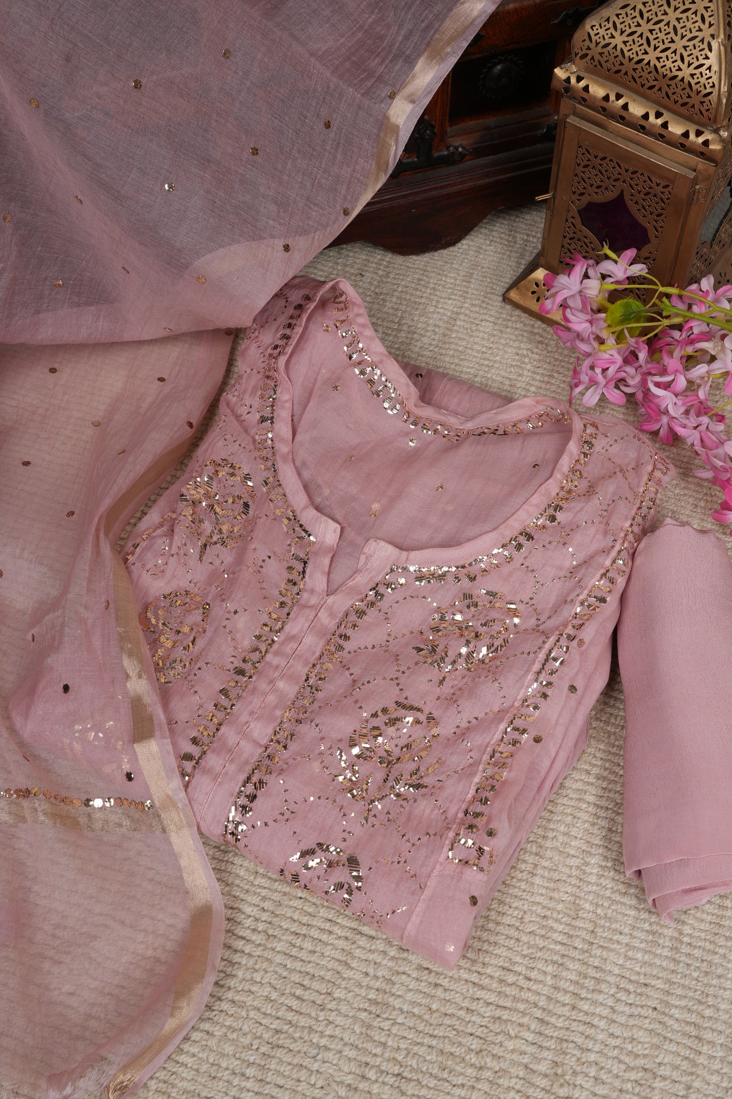 Rose Gold Pure Mulmul A-Line Suit