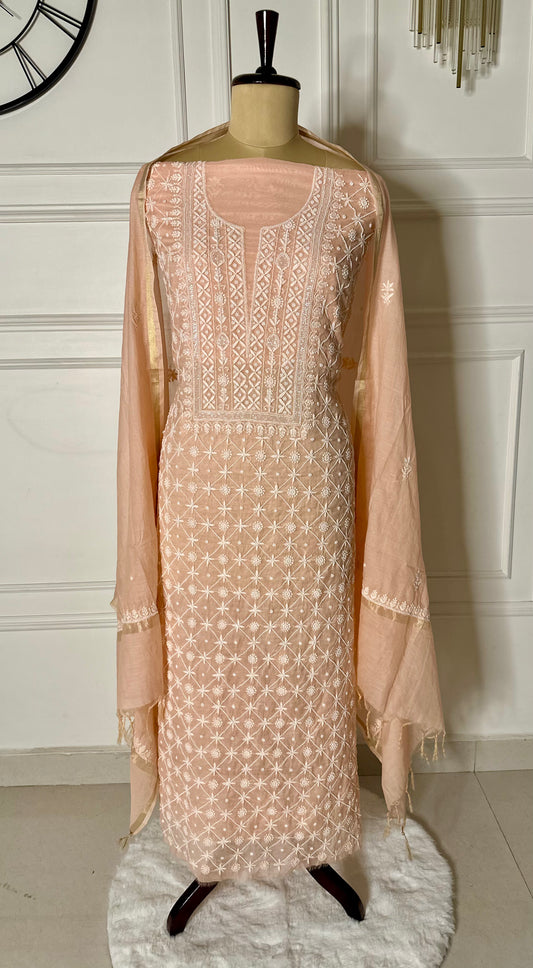 Pure mulmul chanderi full jaal work suit