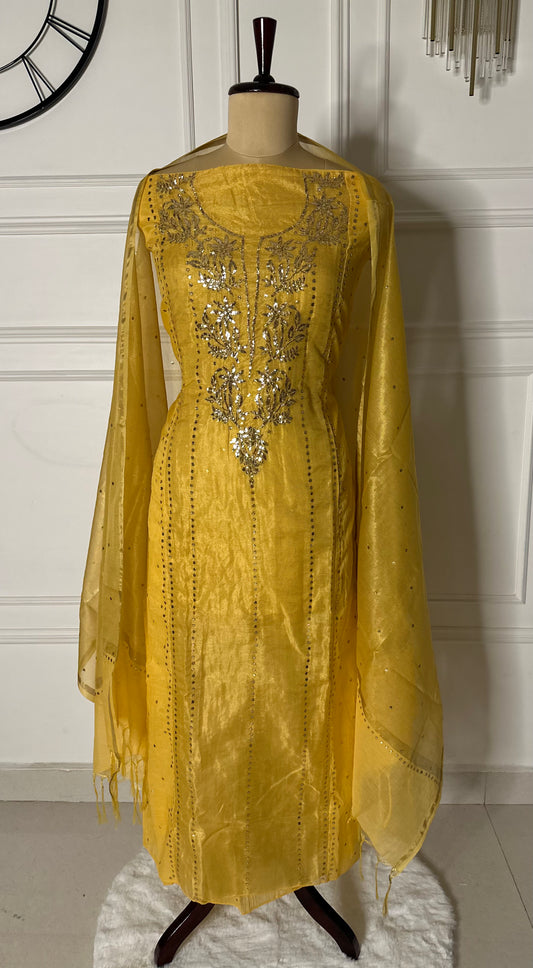 Pure mulmul chanderi tissue silk panel suit