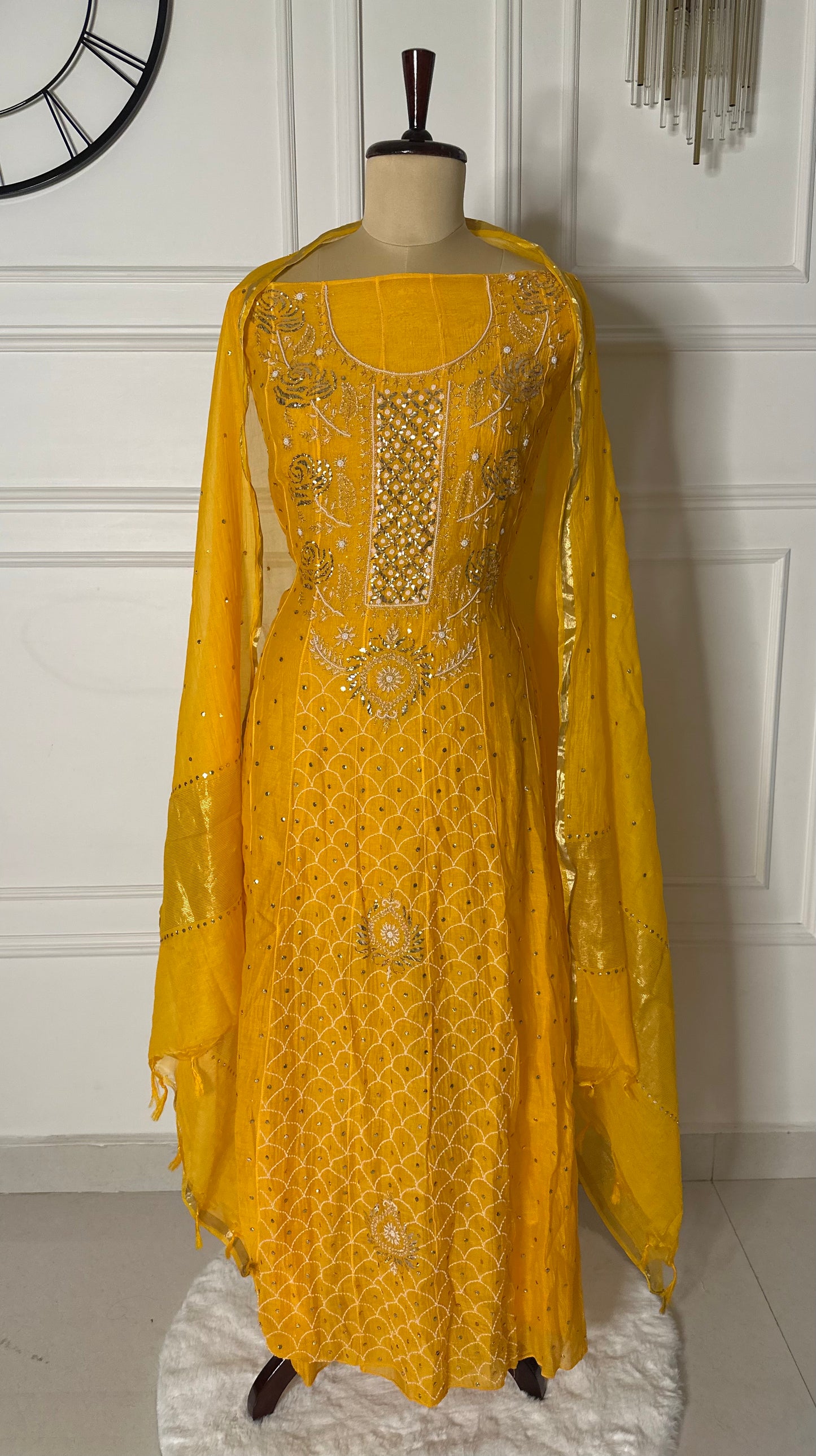 Pure mulmul chanderi panel anarkali with jaal work sleeves