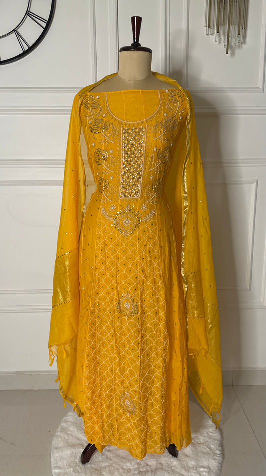 Pure mulmul chanderi panel anarkali with jaal work sleeves