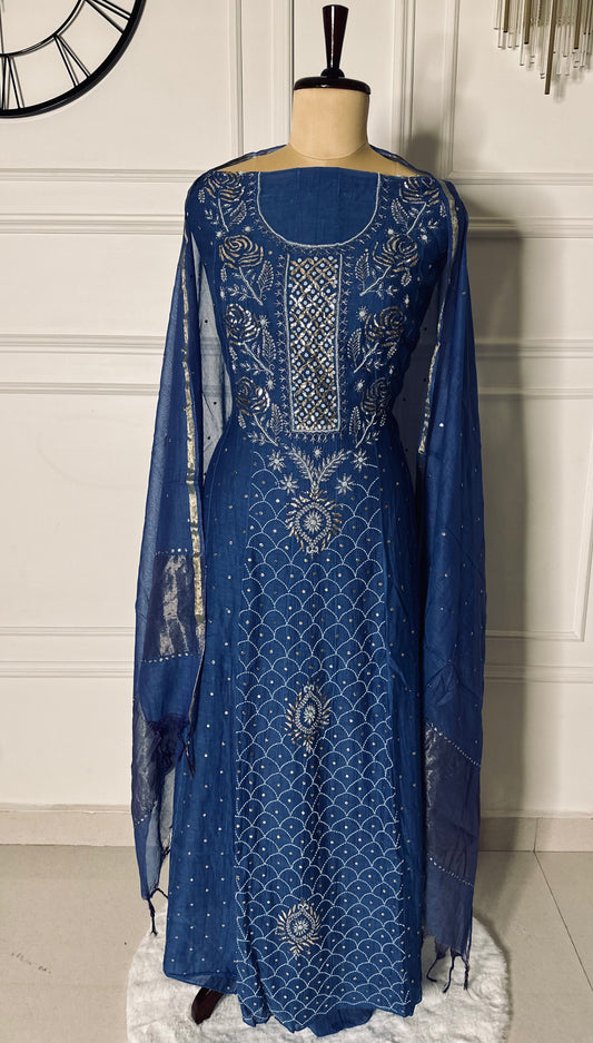 Pure mulmul chanderi panel anarkali with jaal work sleeves