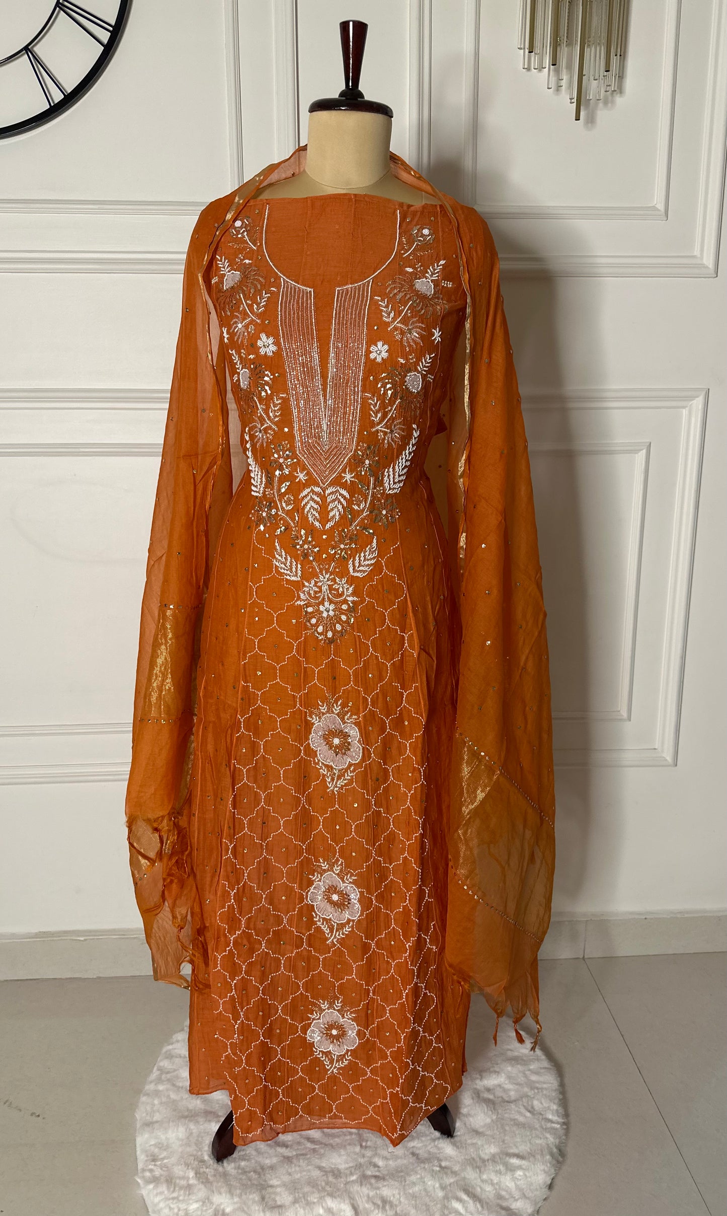 Pure mulmul chanderi panel anarkali with jaal work sleeves