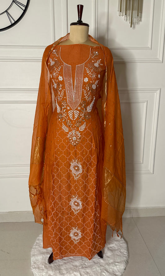 Pure mulmul chanderi panel anarkali with jaal work sleeves