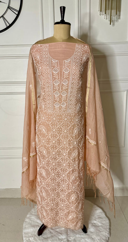Pure mulmul chanderi full jaal work suit