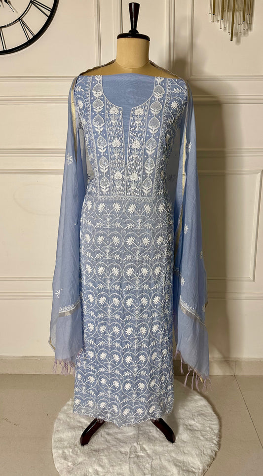 Pure mulmul chanderi full jaal work suit