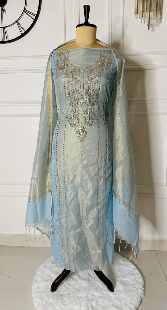 Pure mulmul chanderi tissue silk panel suit