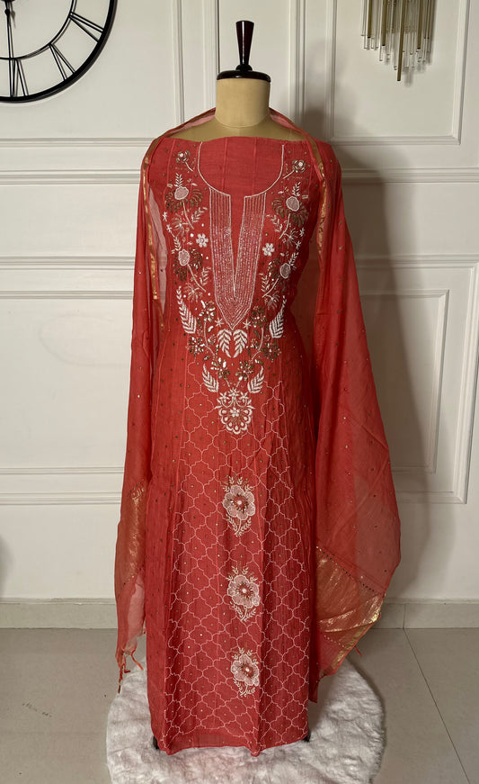 Pure mulmul chanderi panel anarkali with jaal work sleeves