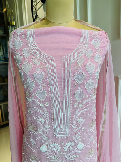 Pure mulmul chanderi jaal work suit and sleeves