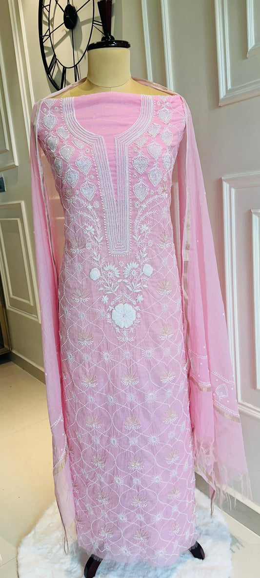 Pure mulmul chanderi jaal work suit and sleeves