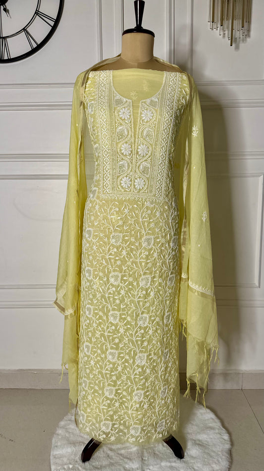 Pure mulmul chanderi full jaal work suit
