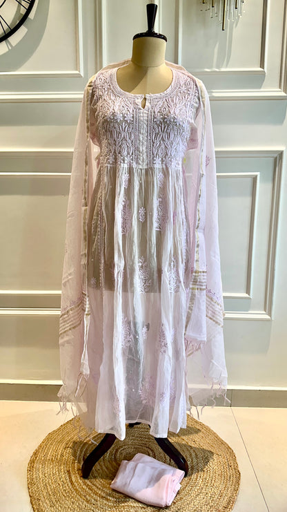 Mul chanderi chikankari pearl and katdana work A-line suit