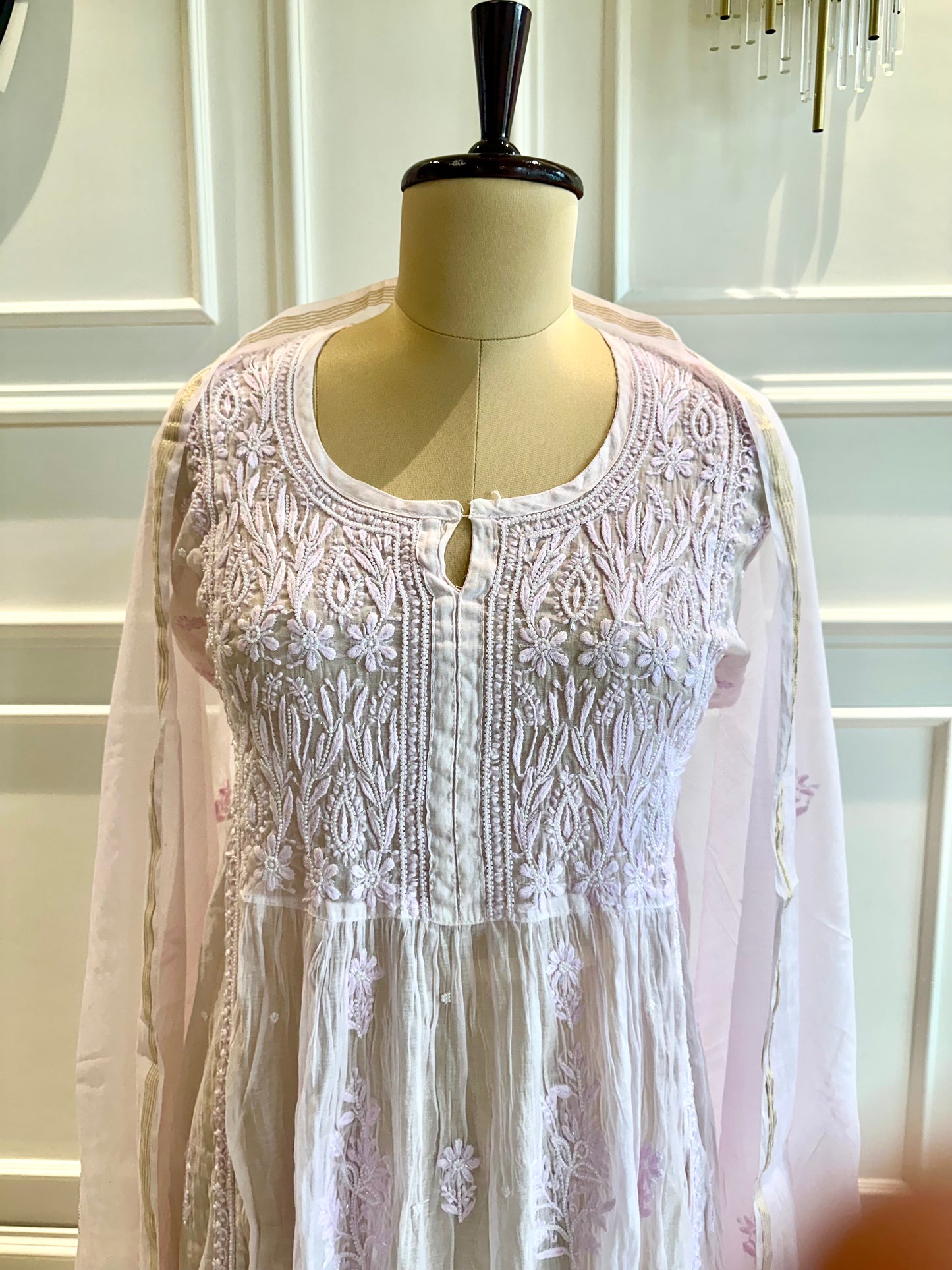 Mul chanderi chikankari pearl and katdana work A-line suit