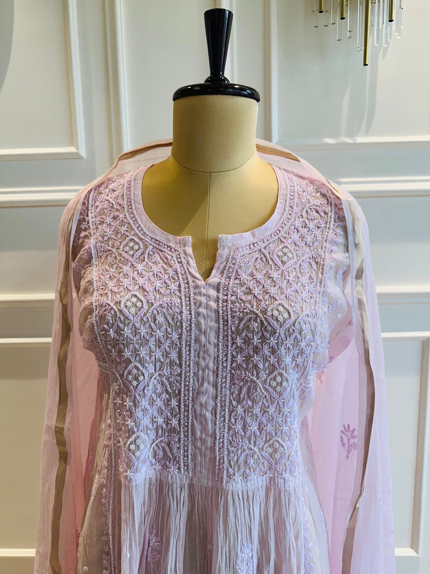 Mul chanderi chikankari pearl and katdana work A-line suit