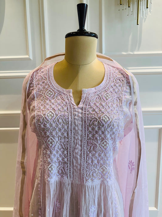 Mul chanderi chikankari pearl and katdana work A-line suit