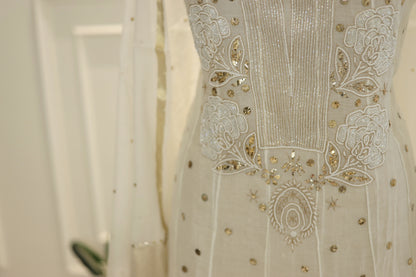 Mukaish and pearl work mul chanderi anarkali