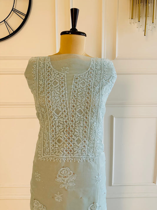 Chikankari mukaish work organza suit
