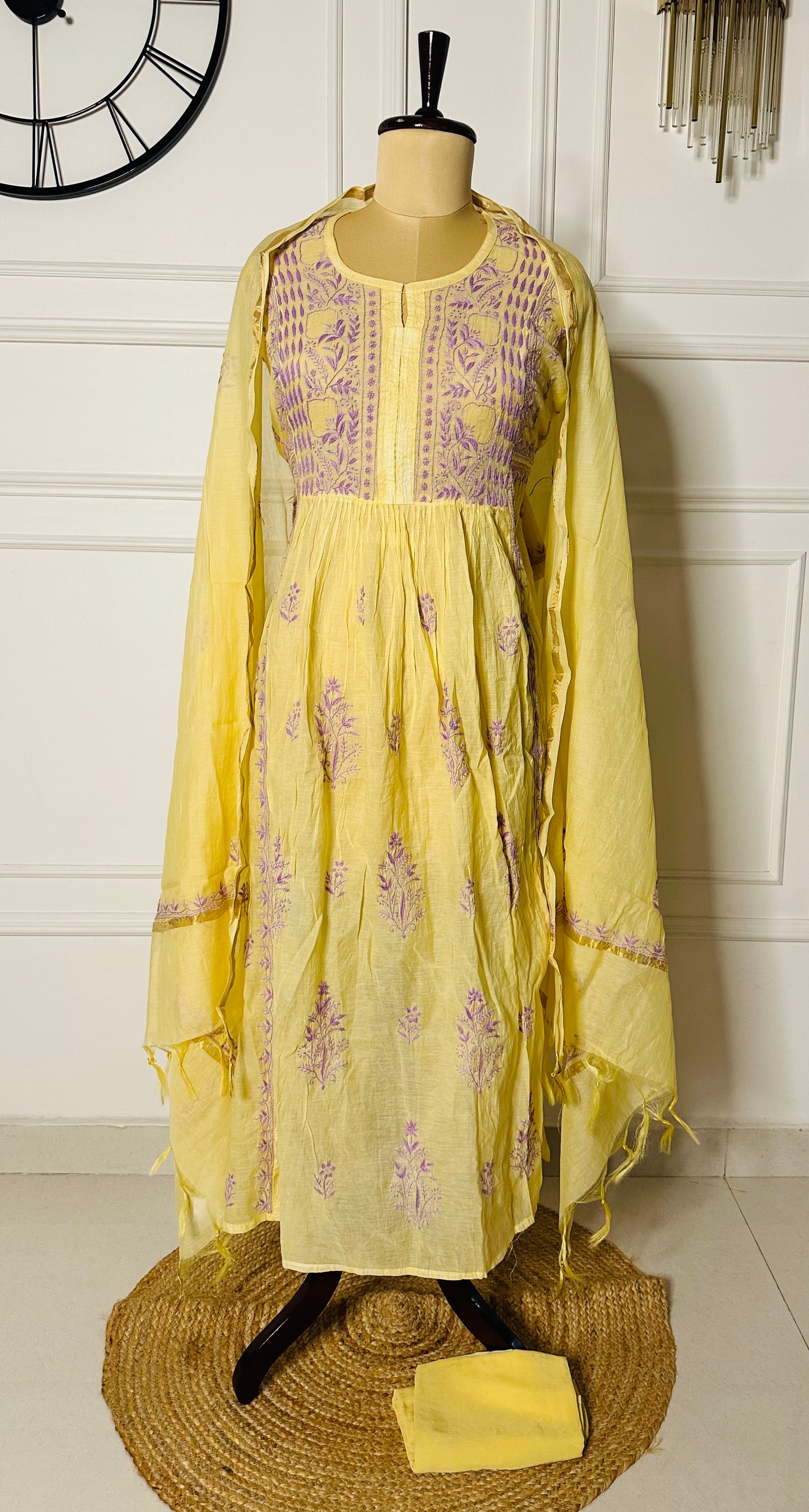 Mul chanderi chikankari A-line suit