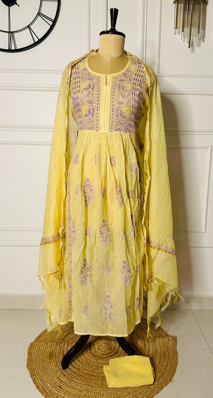 Mul chanderi chikankari A-line suit