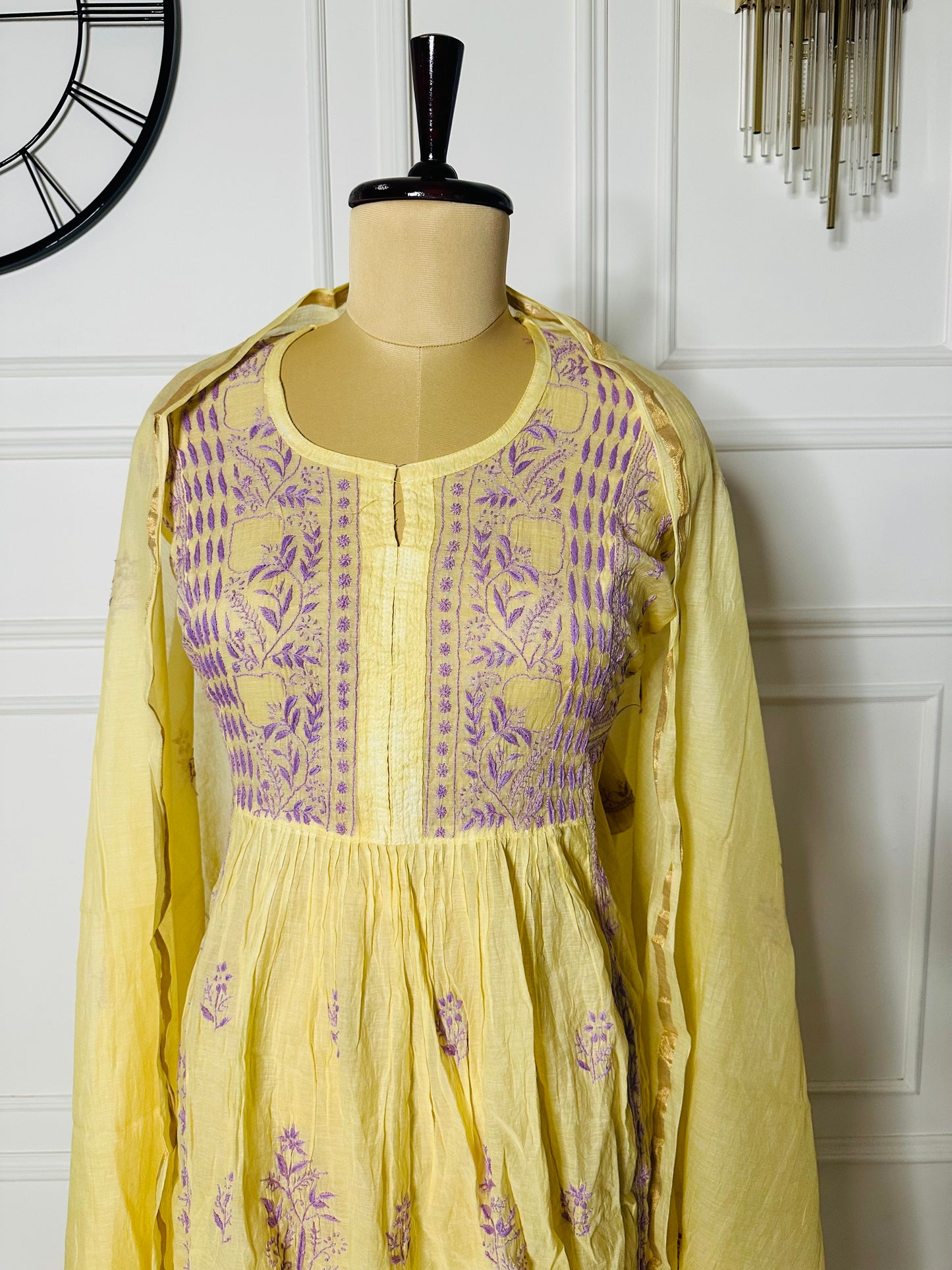 Mul chanderi chikankari A-line suit