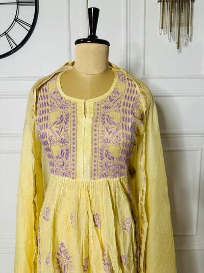 Mul chanderi chikankari A-line suit