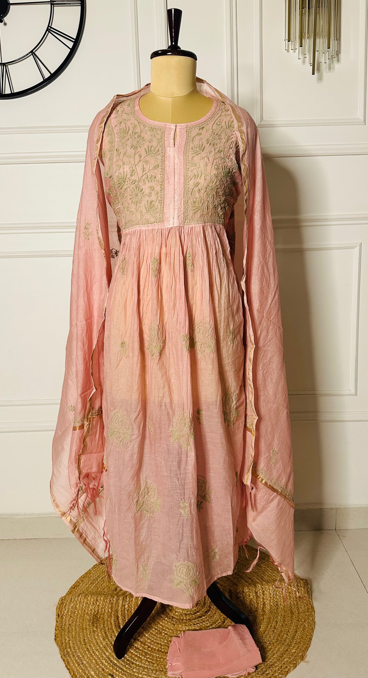 Mul chanderi chikankari A-line suit