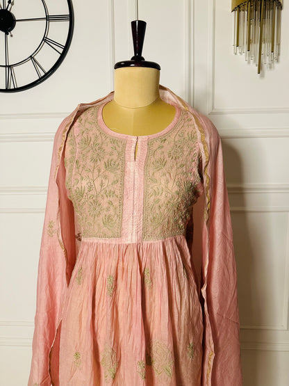 Mul chanderi chikankari A-line suit