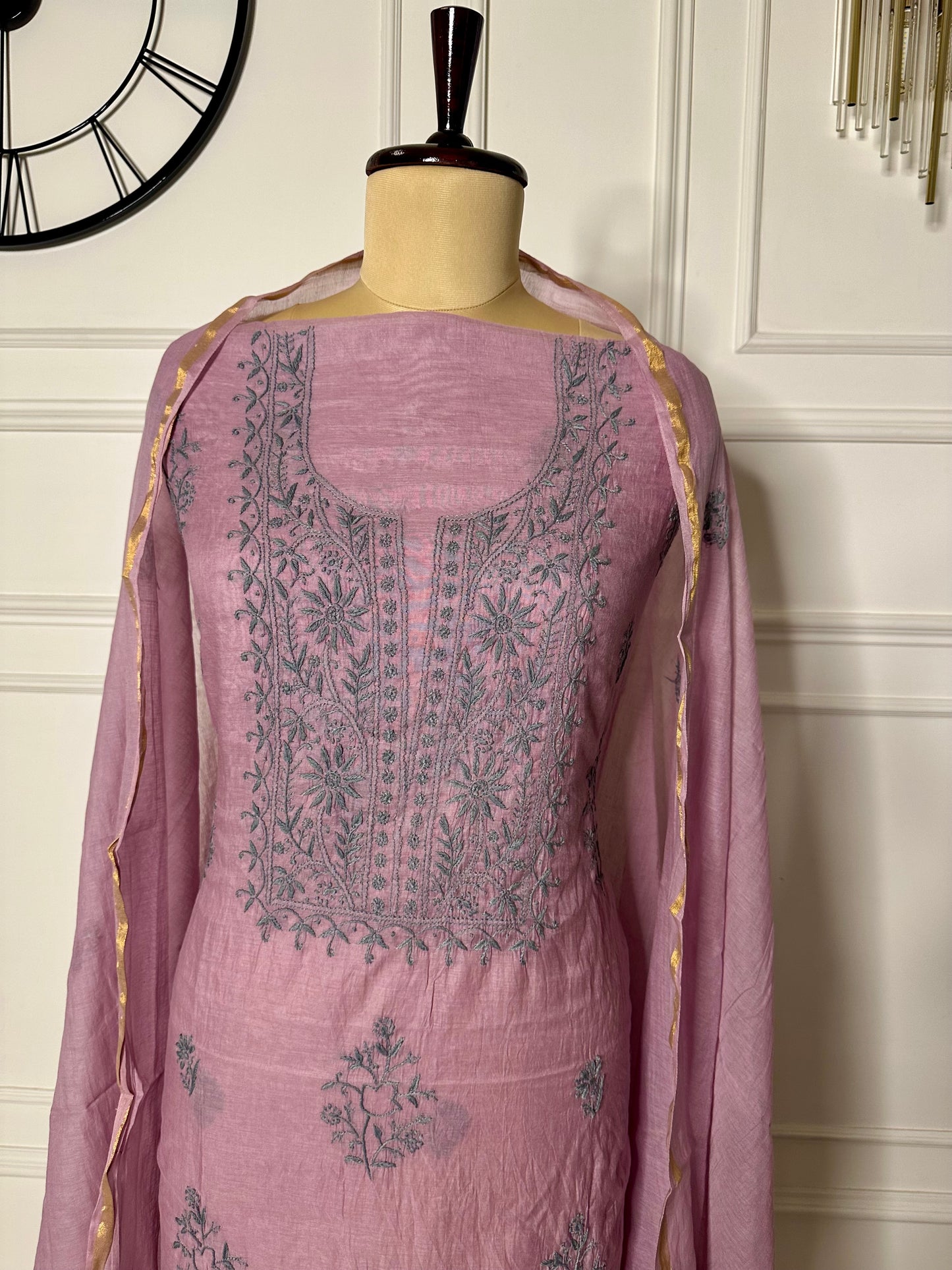 Mul chanderi chikankari straight suit