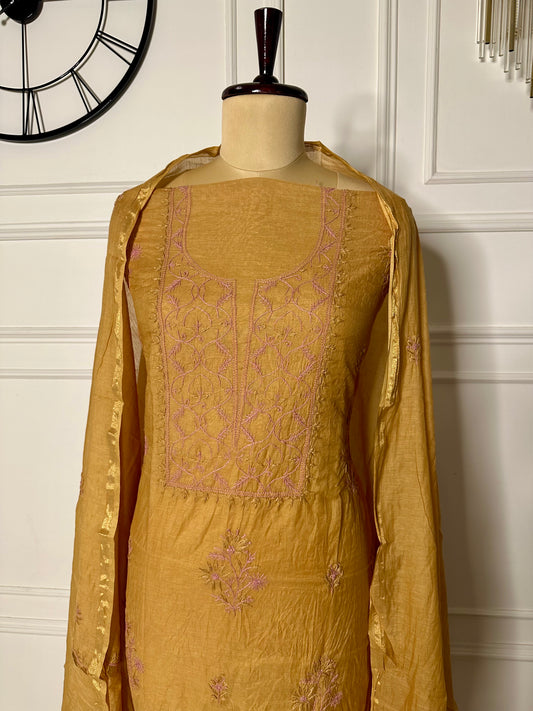 Mul chanderi chikankari straight suit