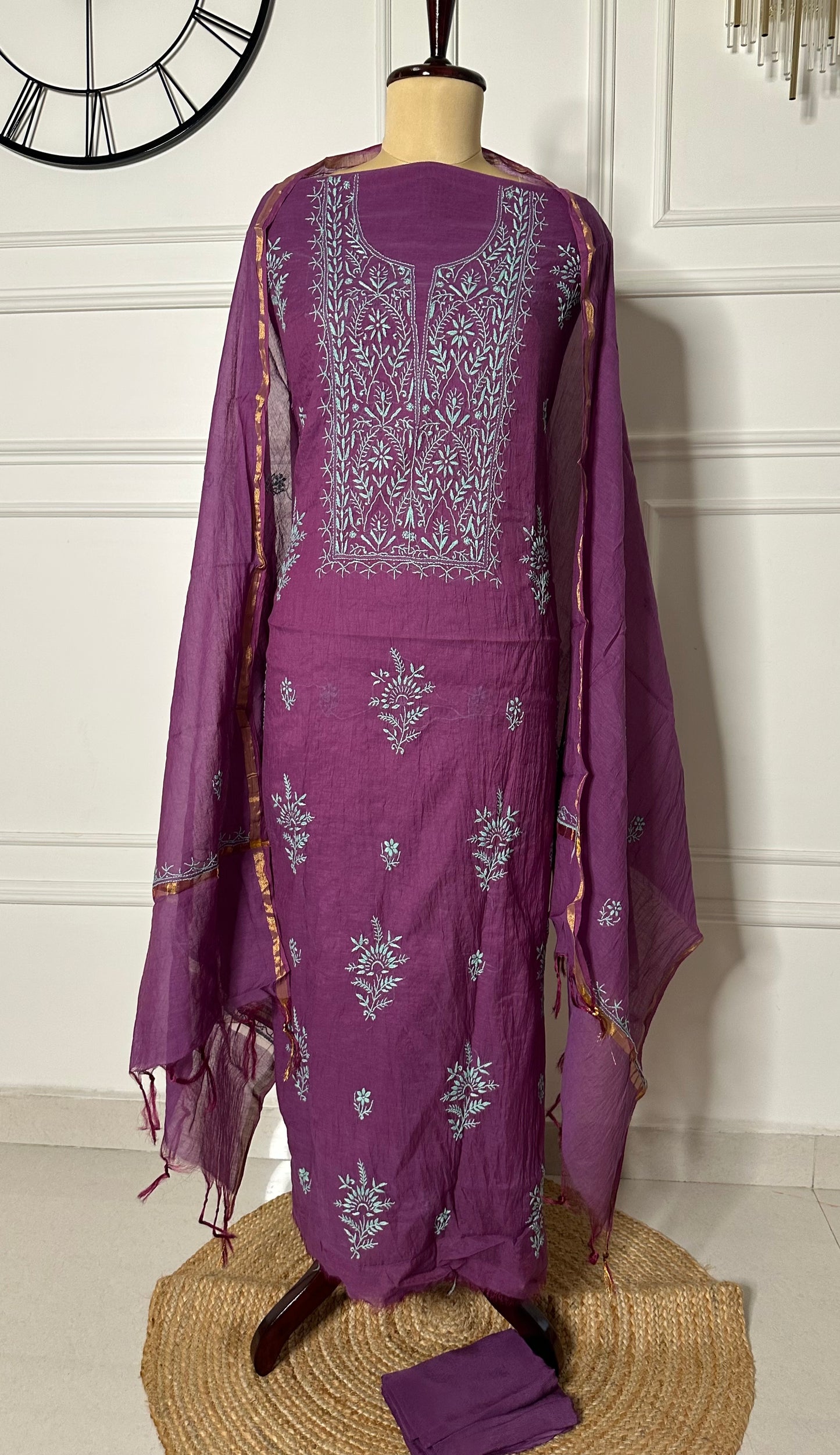 Mul chanderi chikankari straight suit