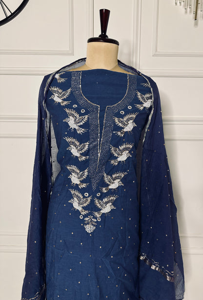 Mul chanderi mukaish and pearl work suit