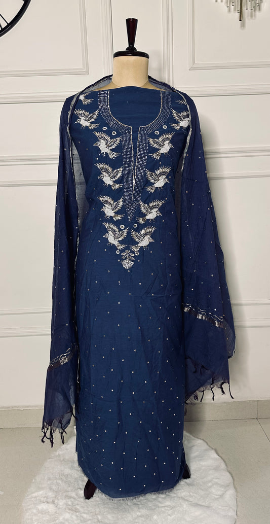 Mul chanderi mukaish and pearl work suit
