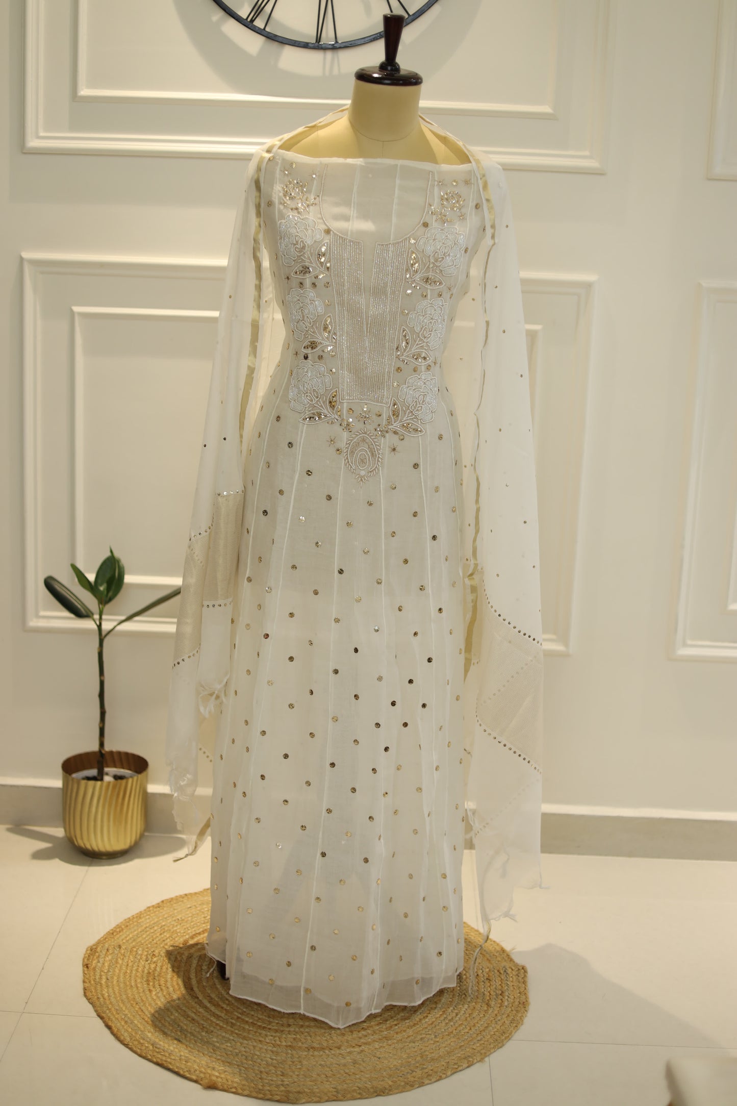 Mukaish and pearl work mul chanderi anarkali