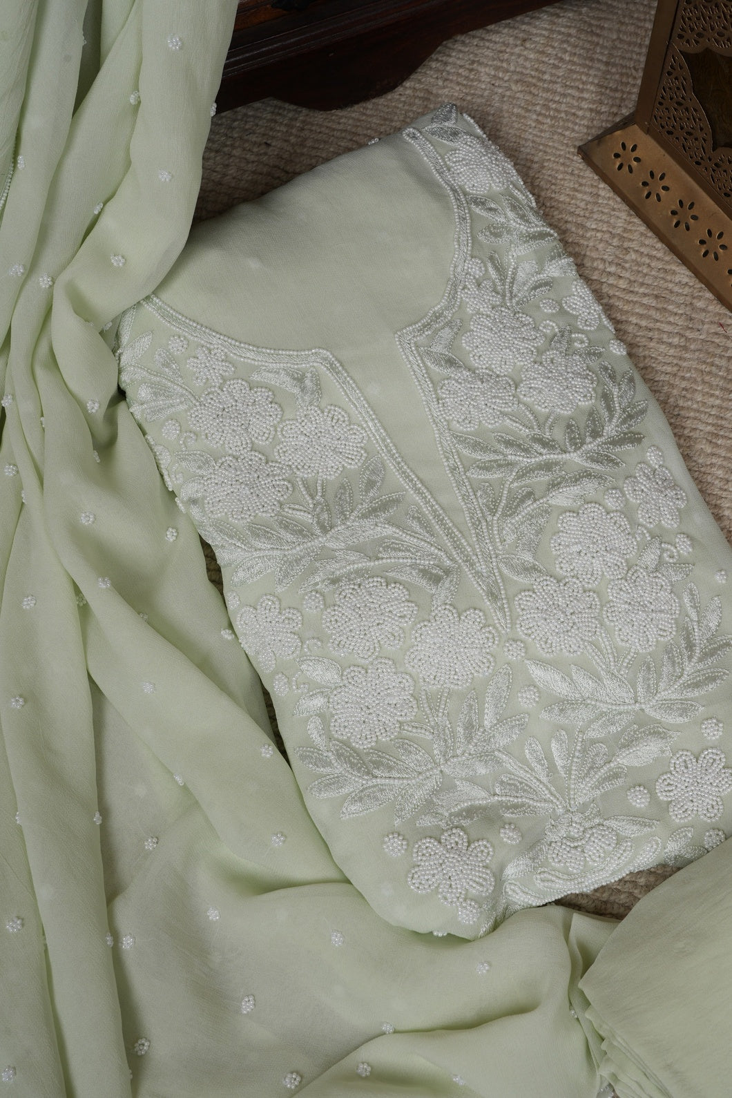 Pastel green Beautiful Pearl Work Suit