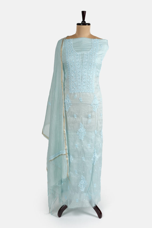 Pastel blue Pure Mulmul Suit with Pearl and Katdana Work