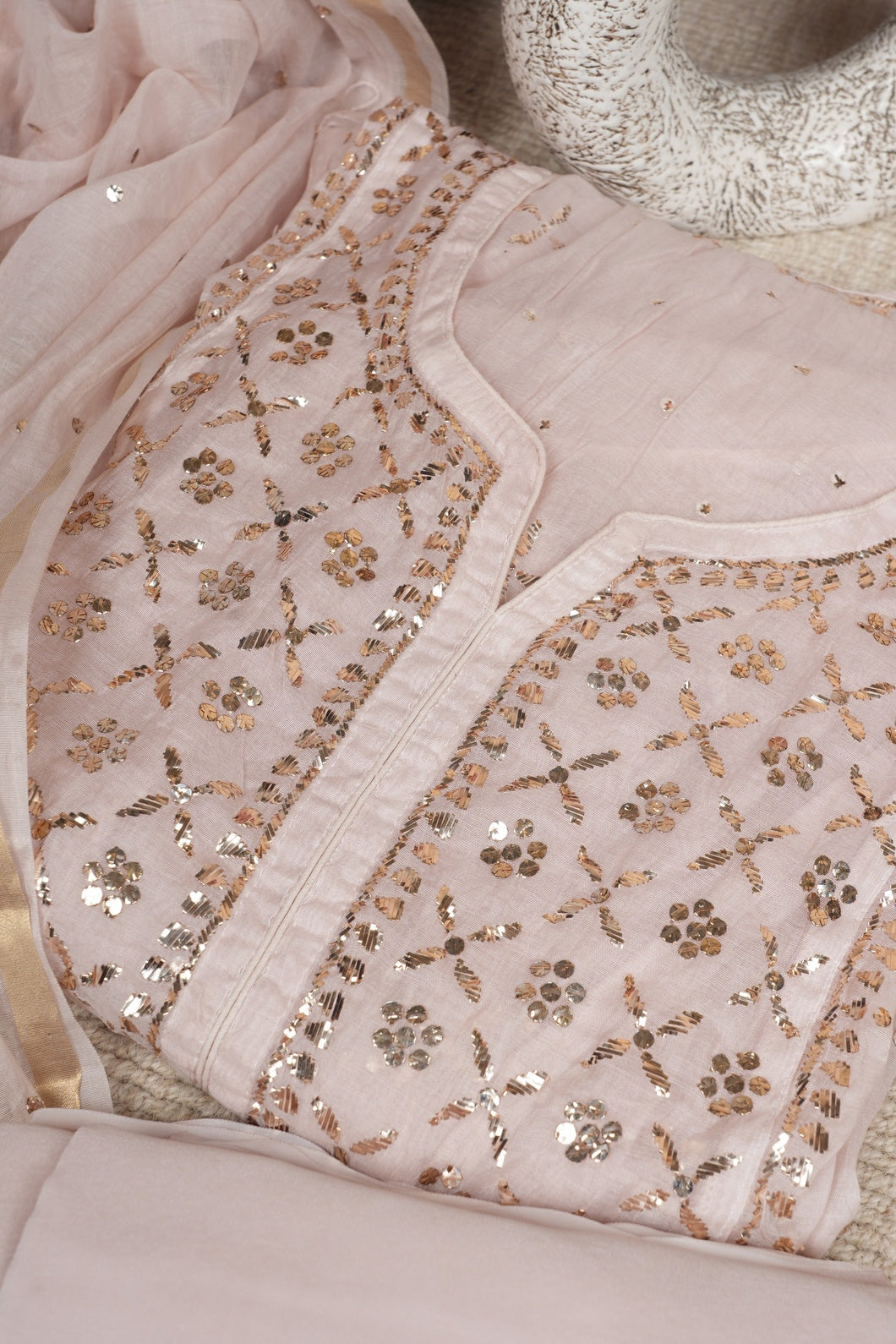 Beige Pure Mulmul A-Line Suit