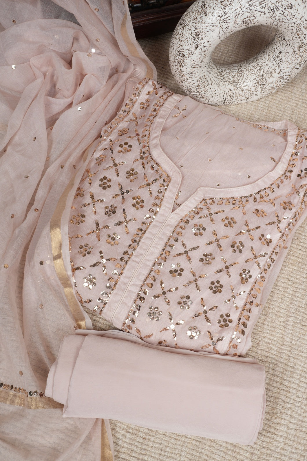 Beige Pure Mulmul A-Line Suit