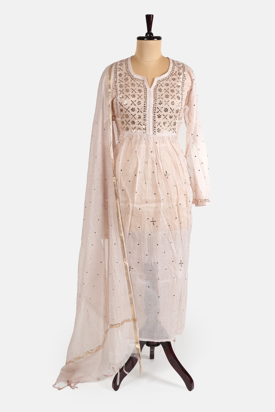 Beige Pure Mulmul A-Line Suit