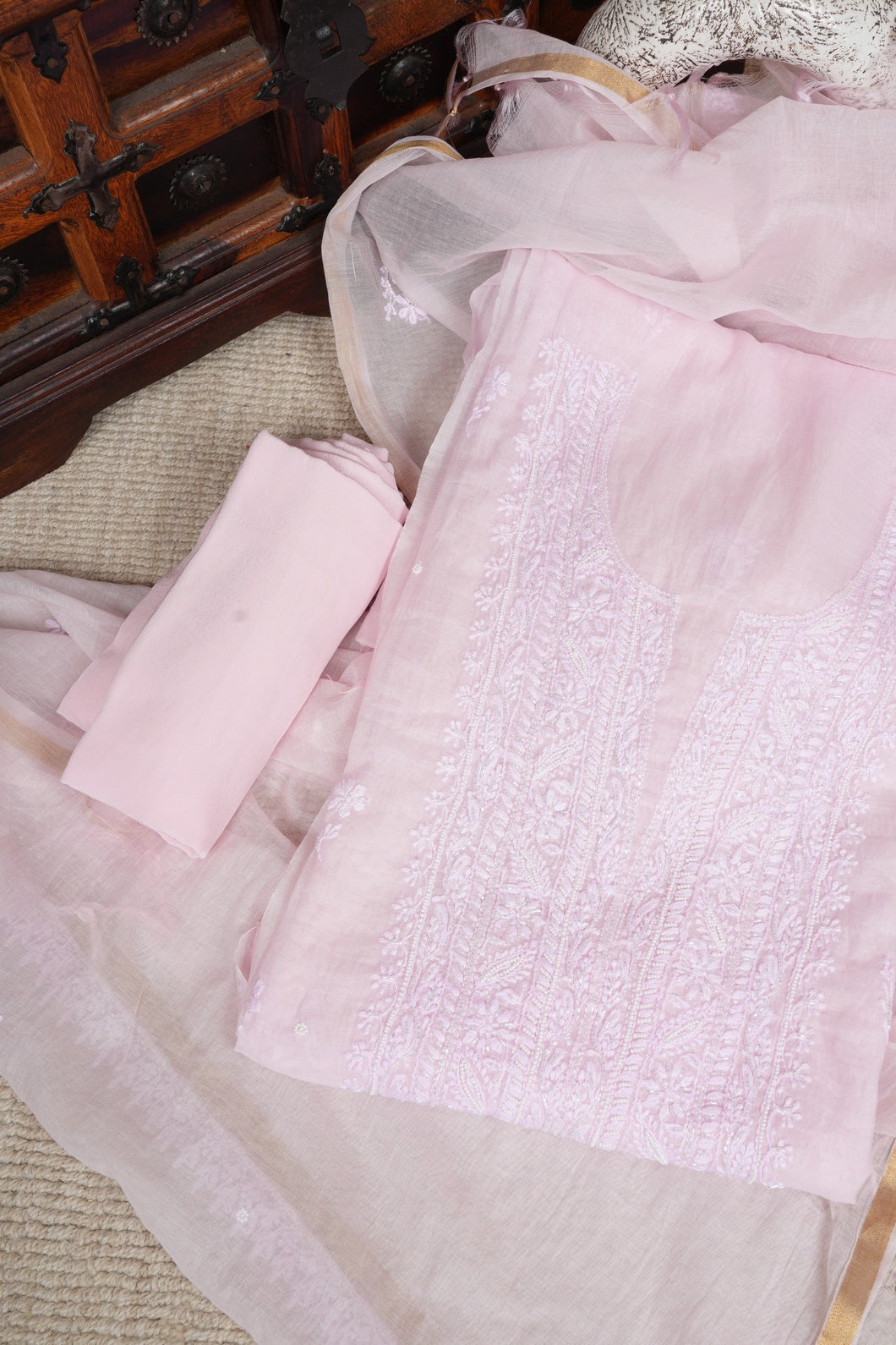 Light Pink Pure Mulmul Suit with Pearl and Katdana Work