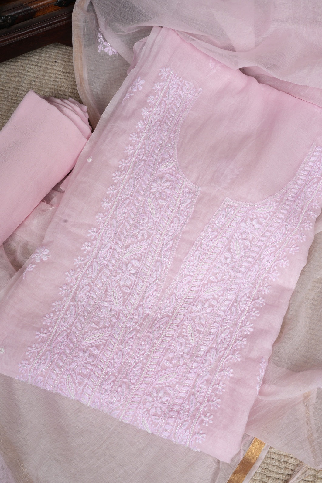 Light Pink Pure Mulmul Suit with Pearl and Katdana Work